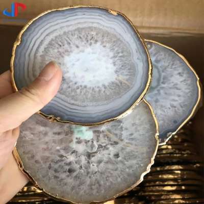 Natural stone agate slice coaster, Agate coaster silver with gilded rim